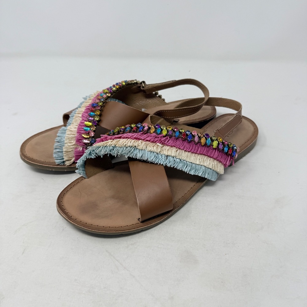 Clee Leather Fringe Rhinestone Slingback Flat Sandals Size 10 Boho Resortwear